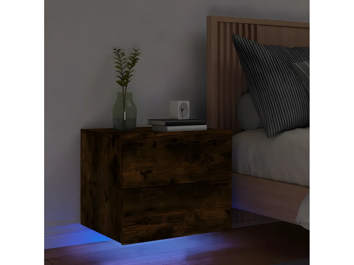 Mesita de noche de pared con luces LED roble ahumado