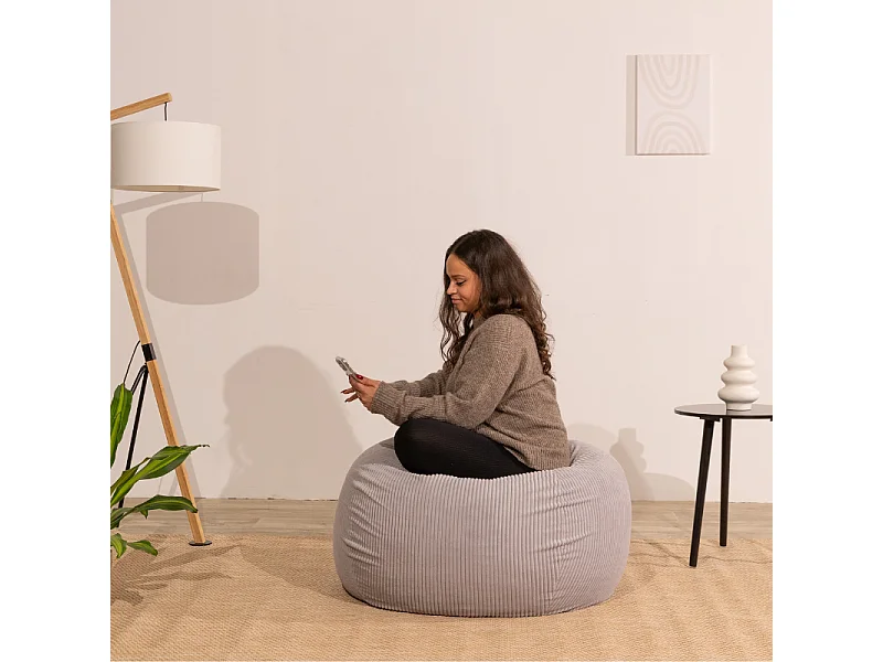 Pouf poire déhoussable velours côtelé - 120x100 cm gris clair
