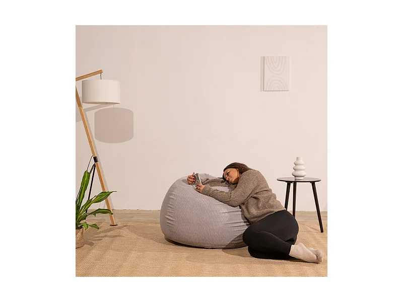 Pouf poire déhoussable velours côtelé - 120x100 cm gris clair