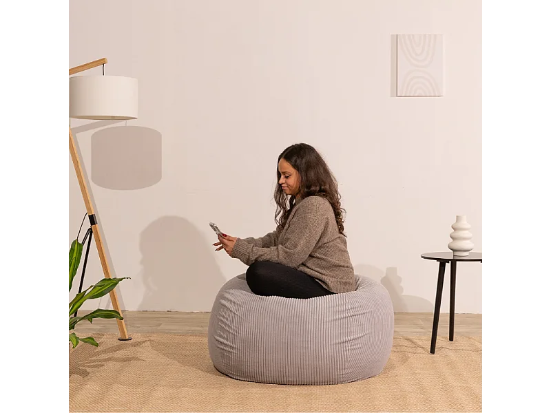 Pouf poire déhoussable velours côtelé - 105x85 cm gris clair
