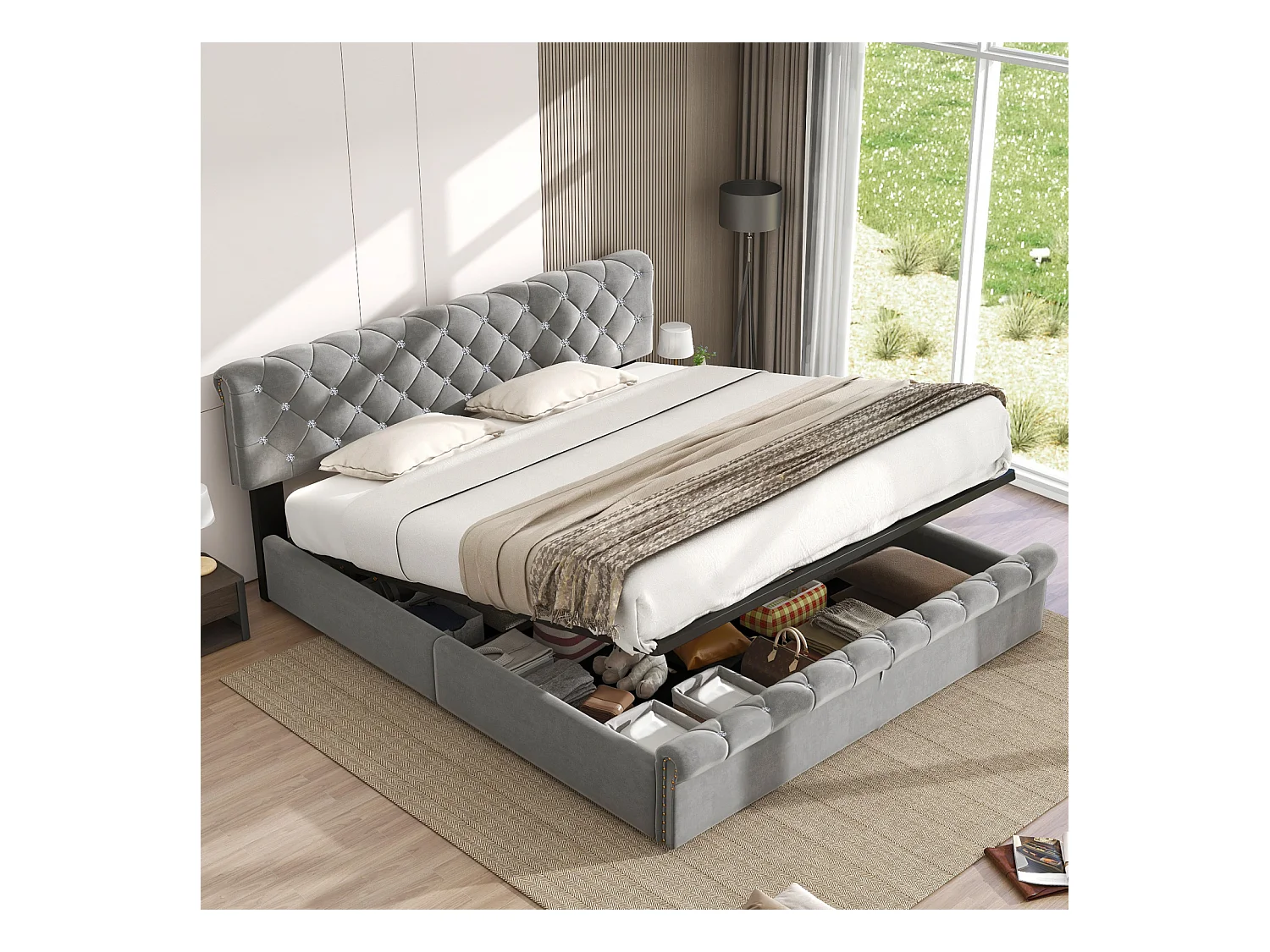 Lit capitonné 180x200 cm - Lit double avec rangement, sommier à lattes et tête de lit réglable en hauteur - Gris - Velours