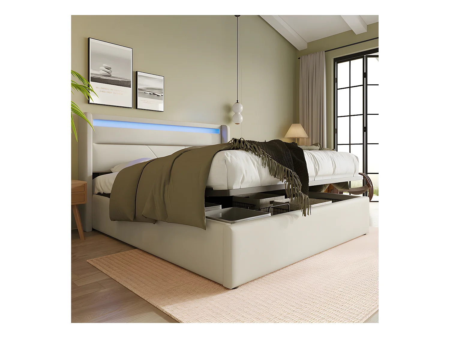 Polsterbett 160x200cm - Doppelbett mit LED-Beleuchtungsleiste und Stauraum - PU - Weiß