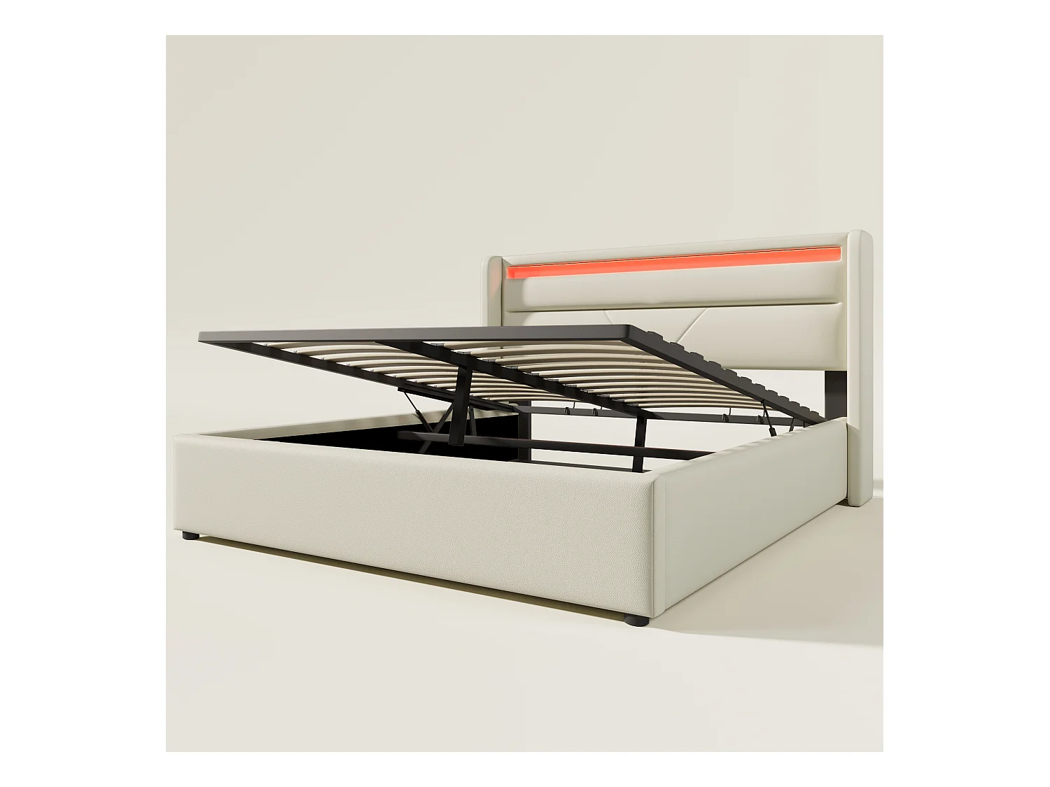 Lit capitonné 140x200cm - Lit double avec éclairage LED et rangements - PU - Blanc