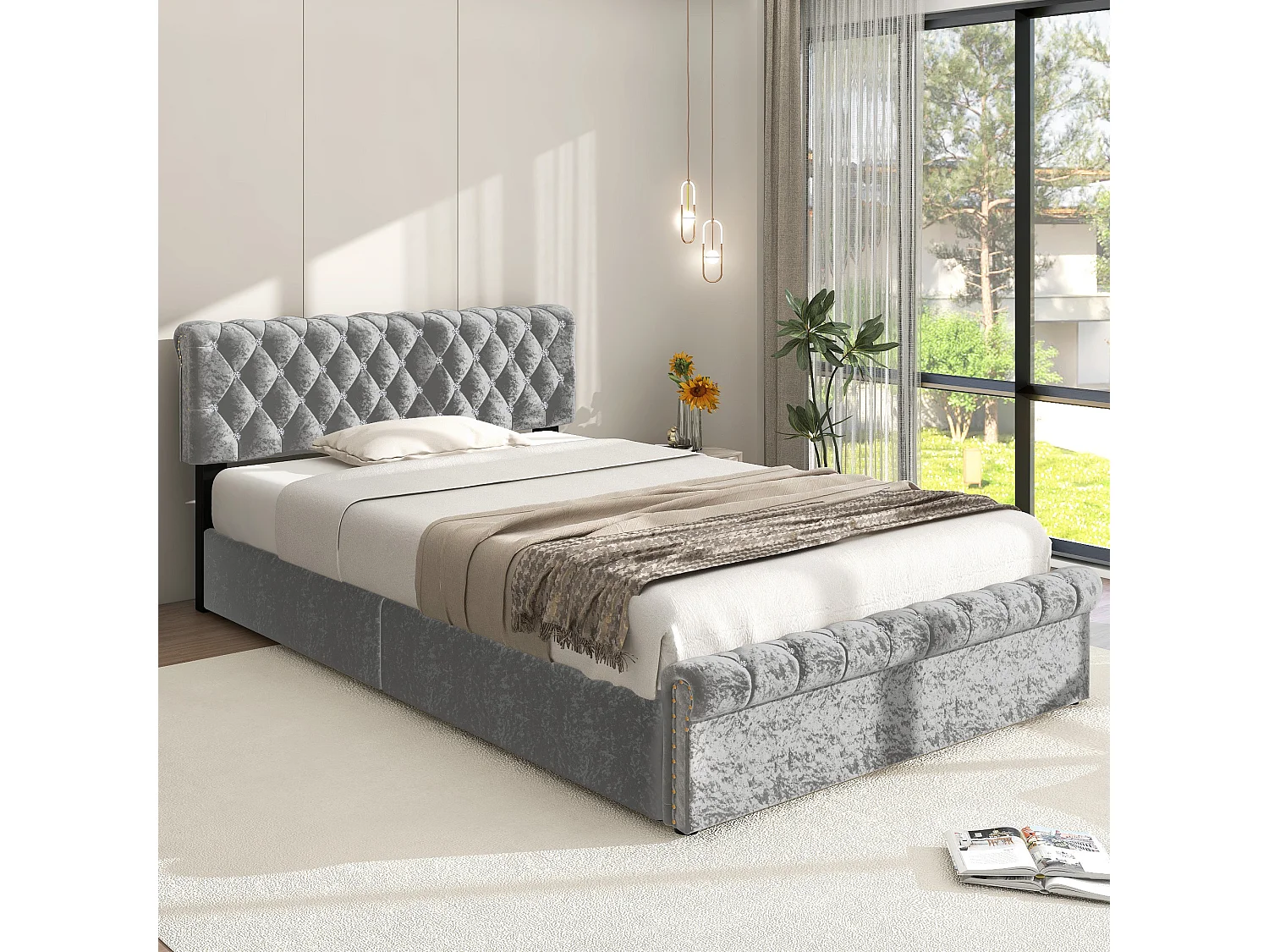 Lit capitonné 90x200 cm - Lit jeune avec rangement, sommier à lattes et tête de lit réglable en hauteur - Gris - Velours