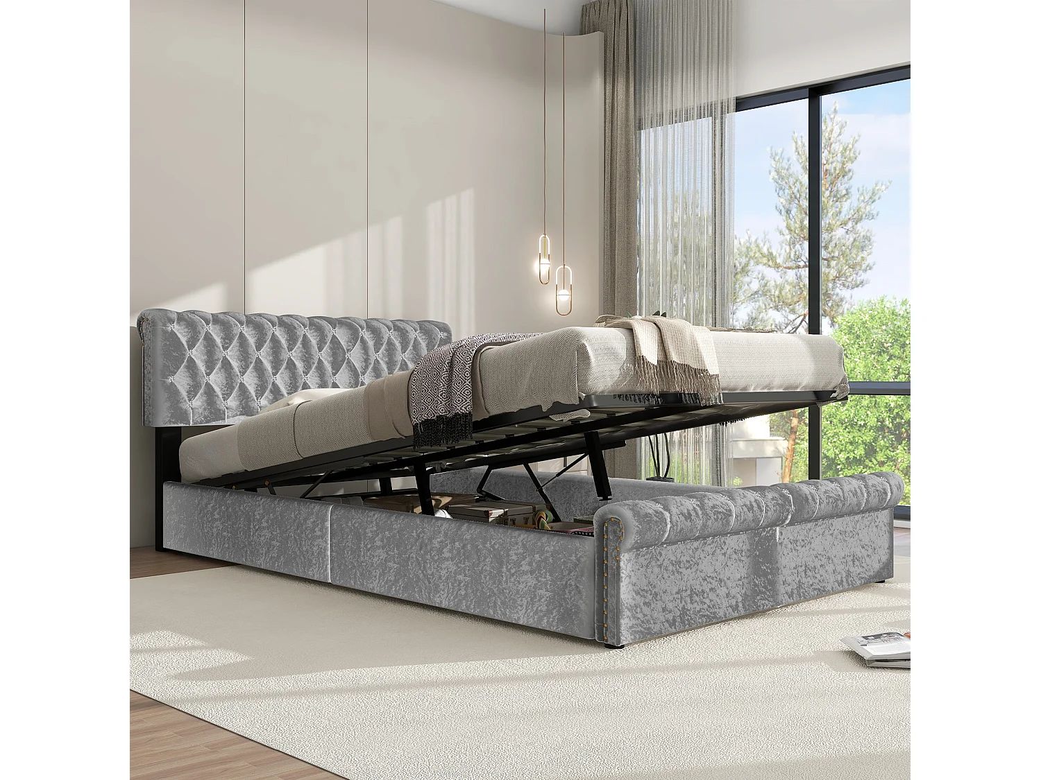 Lit capitonné 90x200 cm - Lit jeune avec rangement, sommier à lattes et tête de lit réglable en hauteur - Gris - Velours