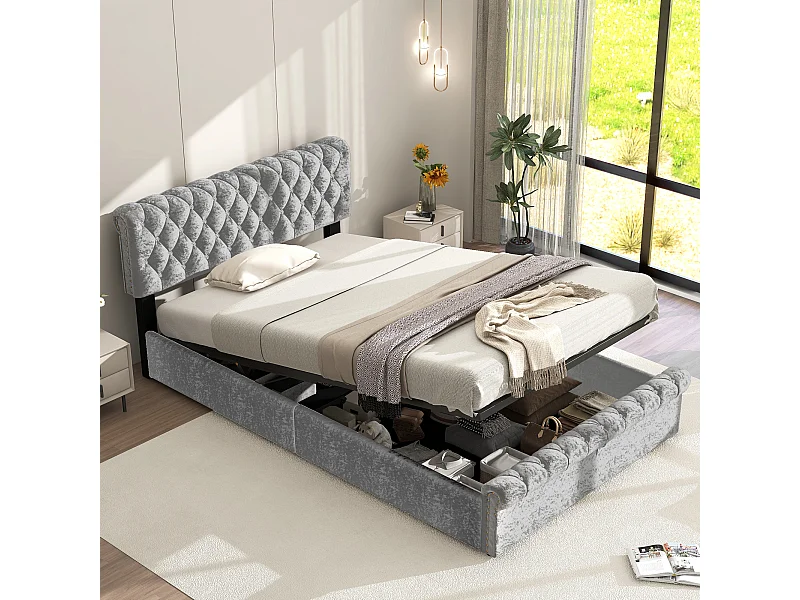 Lit capitonné 90x200 cm - Lit jeune avec rangement, sommier à lattes et tête de lit réglable en hauteur - Gris - Velours