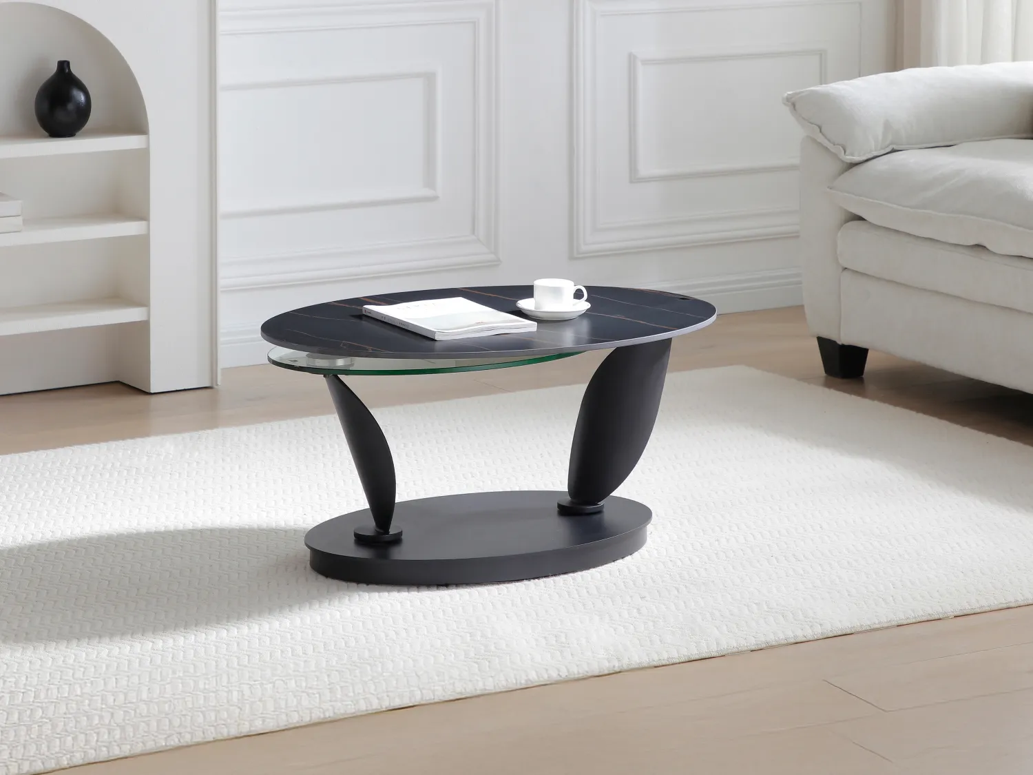 Table basse avec plateaux pivotants en céramique, verre trempé et métal - Effet marbre noir - MANEYA de Maison Céphy