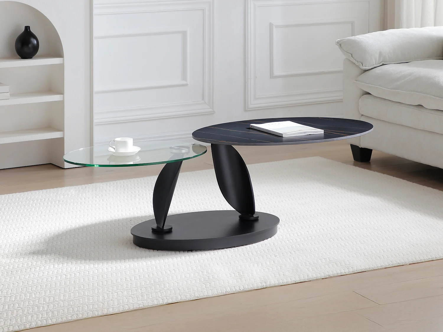 Salontafel met draaiende bladen in keramiek, gehard glas en metaal - Zwarte marmerlook - MANEYA van Maison Céphy