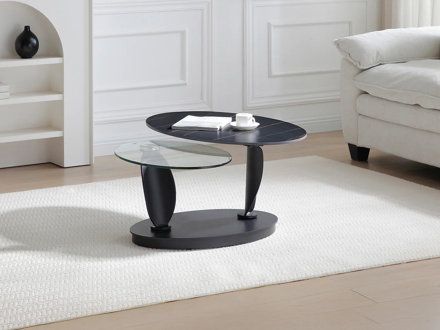 Salontafel met draaiende bladen in keramiek, gehard glas en metaal - Zwarte marmerlook - MANEYA van Maison Céphy