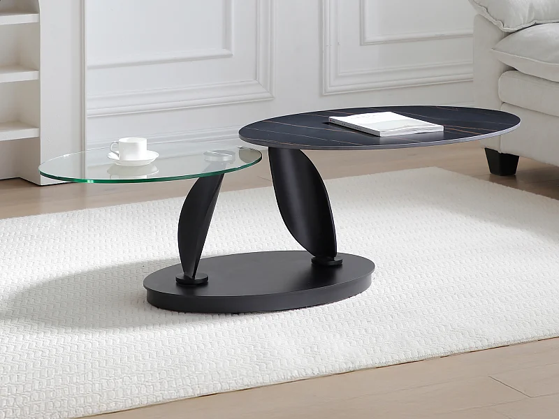 Salontafel met draaiende bladen in keramiek, gehard glas en metaal - Zwarte marmerlook - MANEYA van Maison Céphy