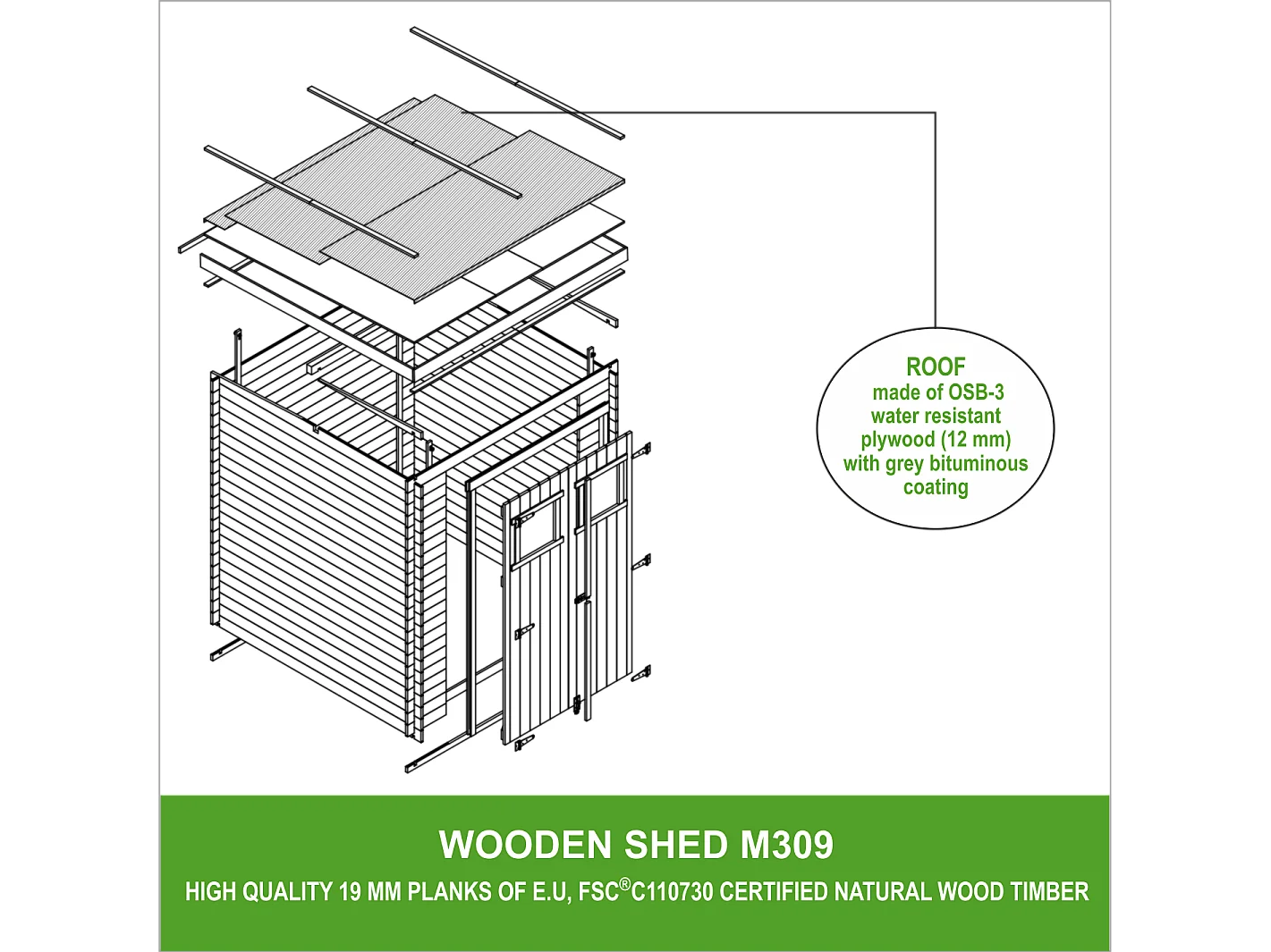 TIMBELA M309 Abri de jardin en bois - l204xL204xH200 cm/3.53 m2