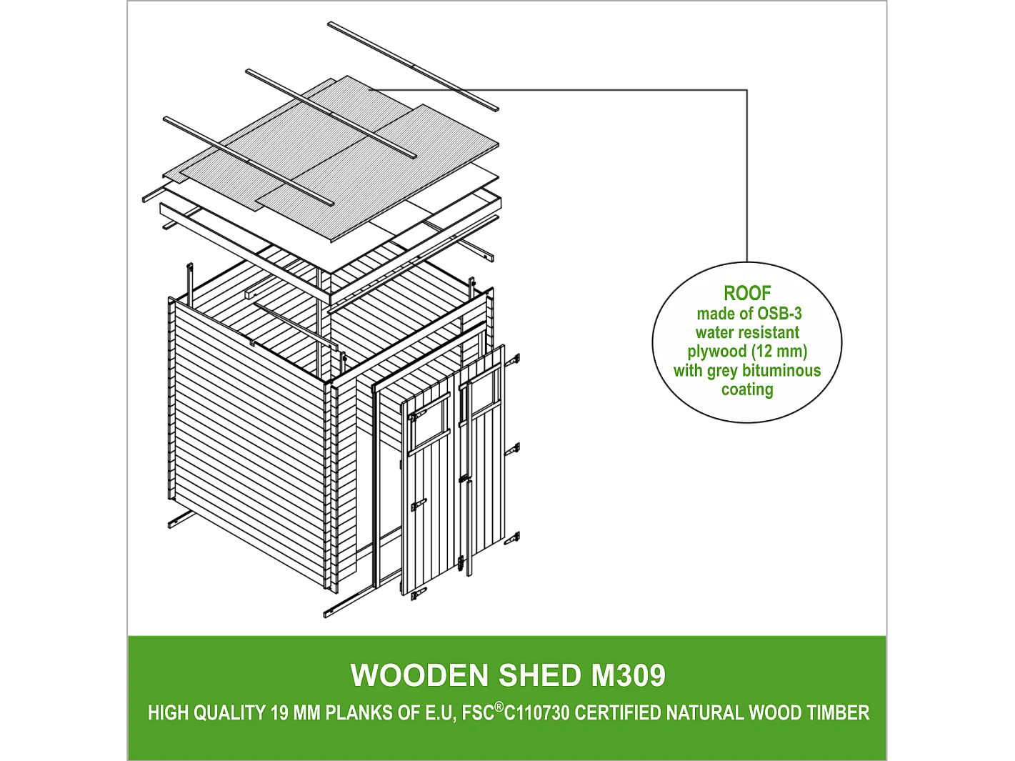 Abri de jardin en bois - l204xL204xH200 cm/3.53 m2 - M309