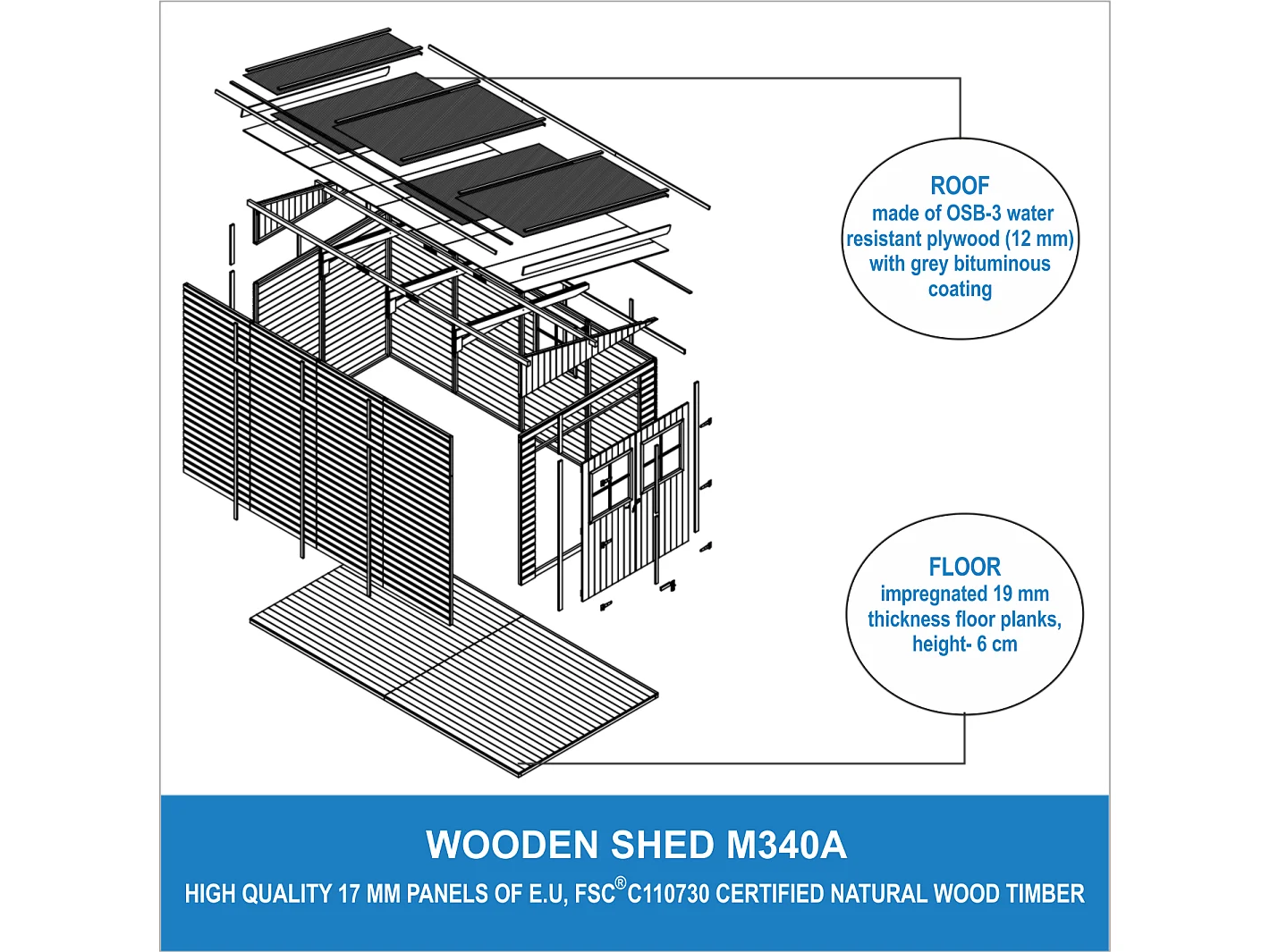 Holz Gartenschuppen (mit Seitenwand) MIT IMPRÄGNIERTEM BODEN - H244x216x416 cm/8 m2 -IMBELA M340A+M340G