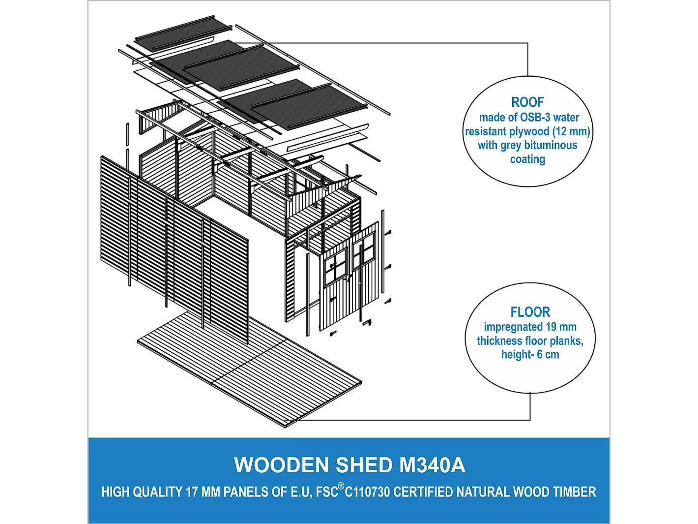 Houten tuinschuurtje met geimpregneerde vloer - 8.1 m² - M340A+M340G