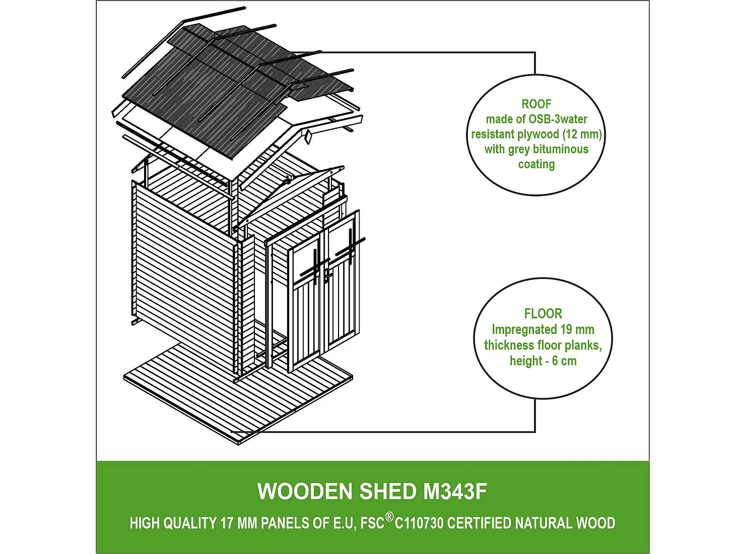 Abri de jardin en bois avec sol traité porte verrouillable de haute qualité -  3.53 m2 - M343F+M343G