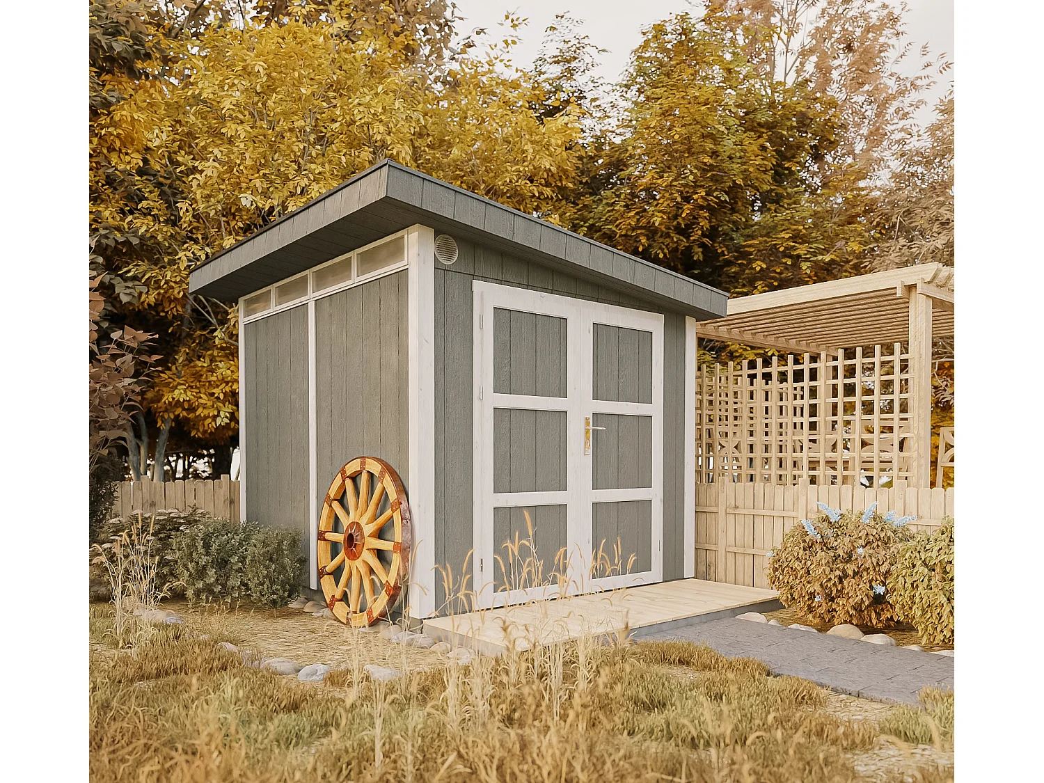 Gartenhaus premium qualität mit boden und bitumenfliesen - 5.9m² / B279xL293xH239 cm - M903A-CAVERN STEEL