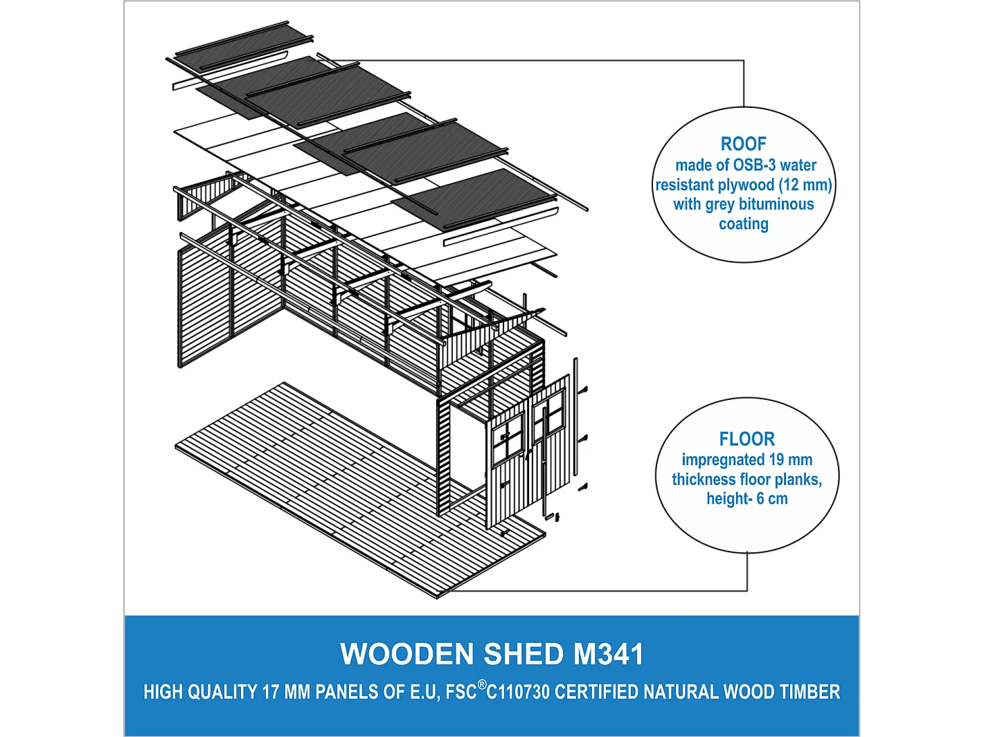 Holz Gartenschuppen (ohne Seitenwand) MIT IMPRÄGNIERTEM BODEN - H244x211x514 cm/10 m2 - TIMBELA M341+M341G