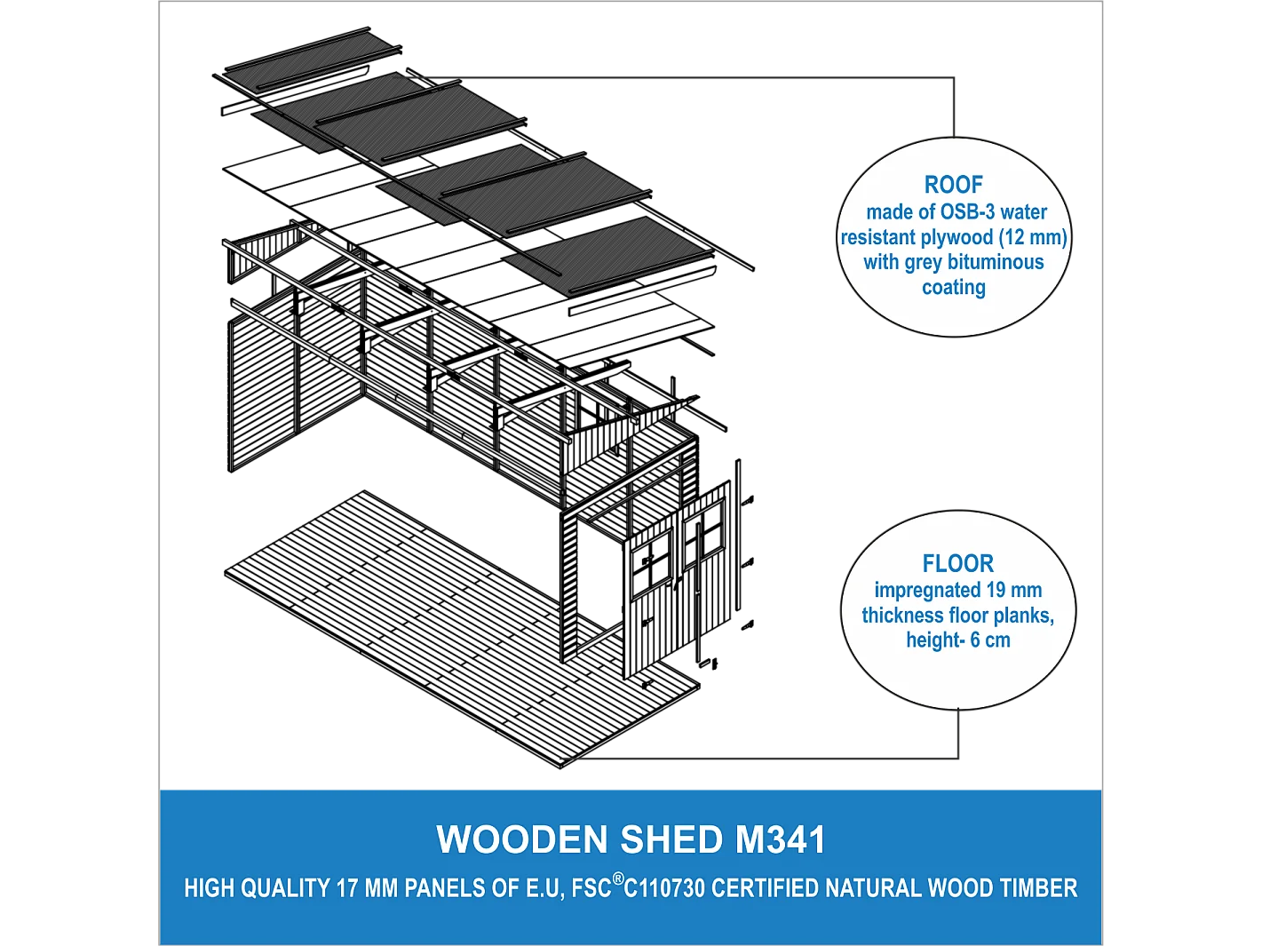 Abri de jardin en bois (sans paroi latérale) plus les planchers imprégné - 10 m2 - M341+M341G