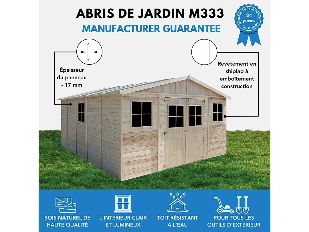Abri de jardin en bois - H246x418x522 cm/20 m² - M333
