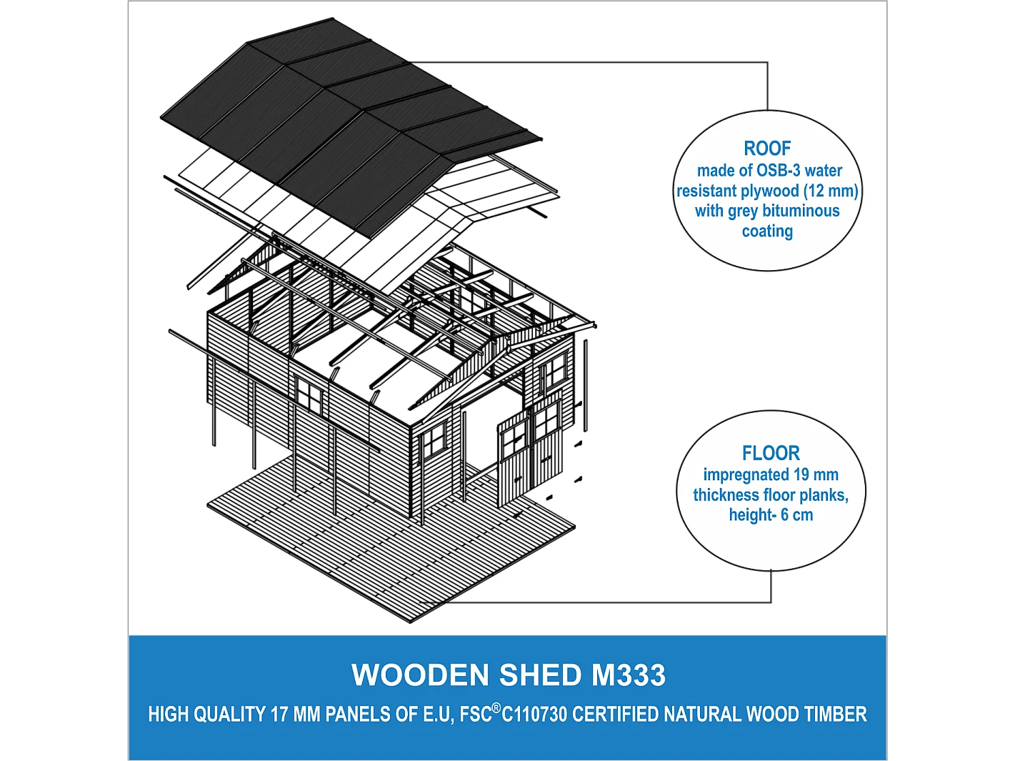 Abri de jardin en bois avec les planchers imprégné - H246x418x522 cm/20 m²- M333 +M333G