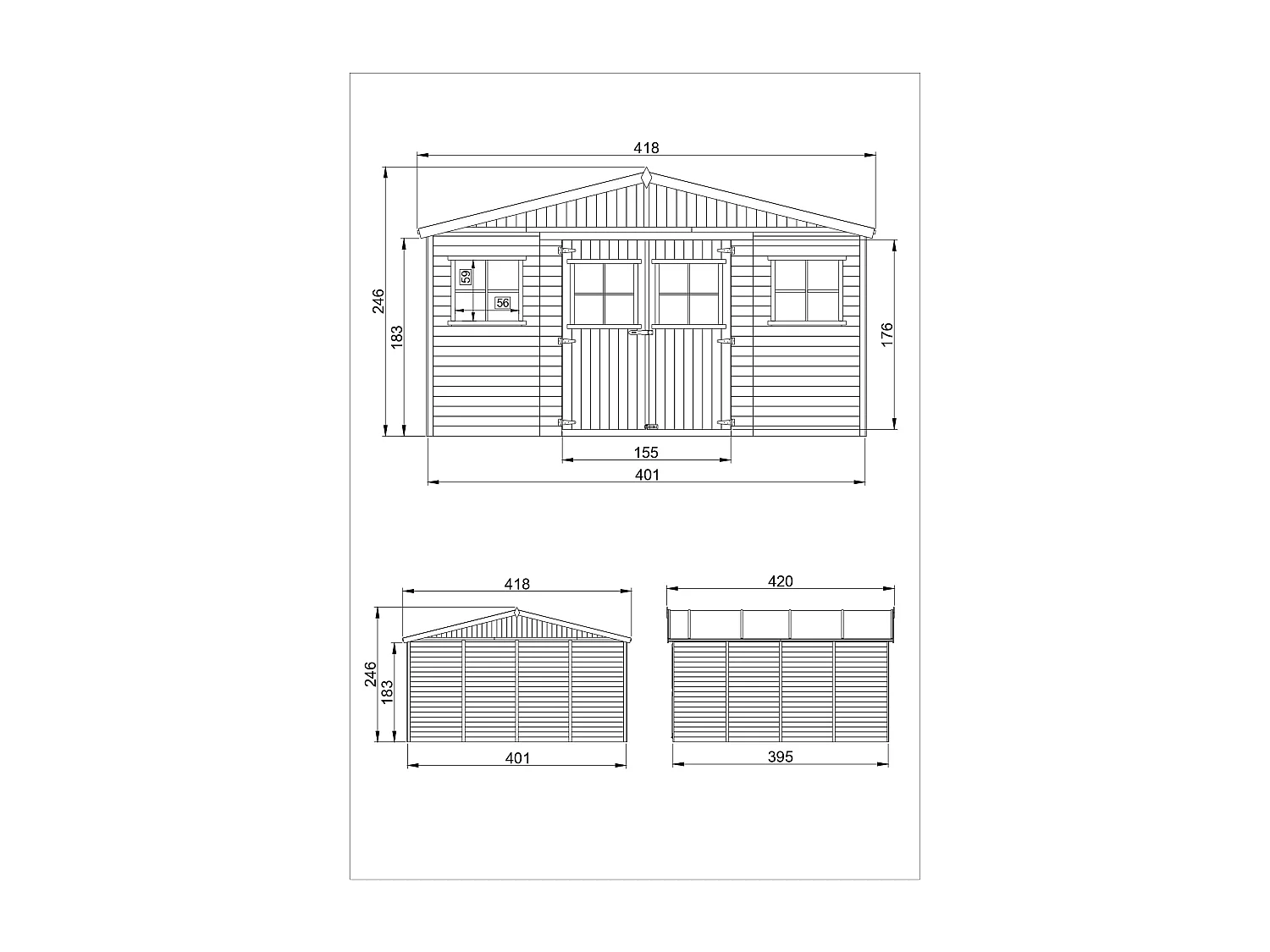 Abri de Jardin en Bois Naturel - H246 x 418 x 420 cm/ 16 m²- TIMBELA M330