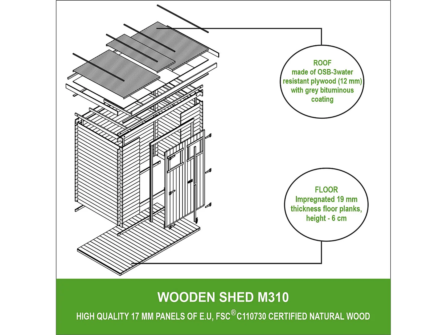 TIMBELA M310+M310G Holzhaus Gartenhaus mit Boden Imprägnierte B239xL142xH200 cm/ 2,63 m2