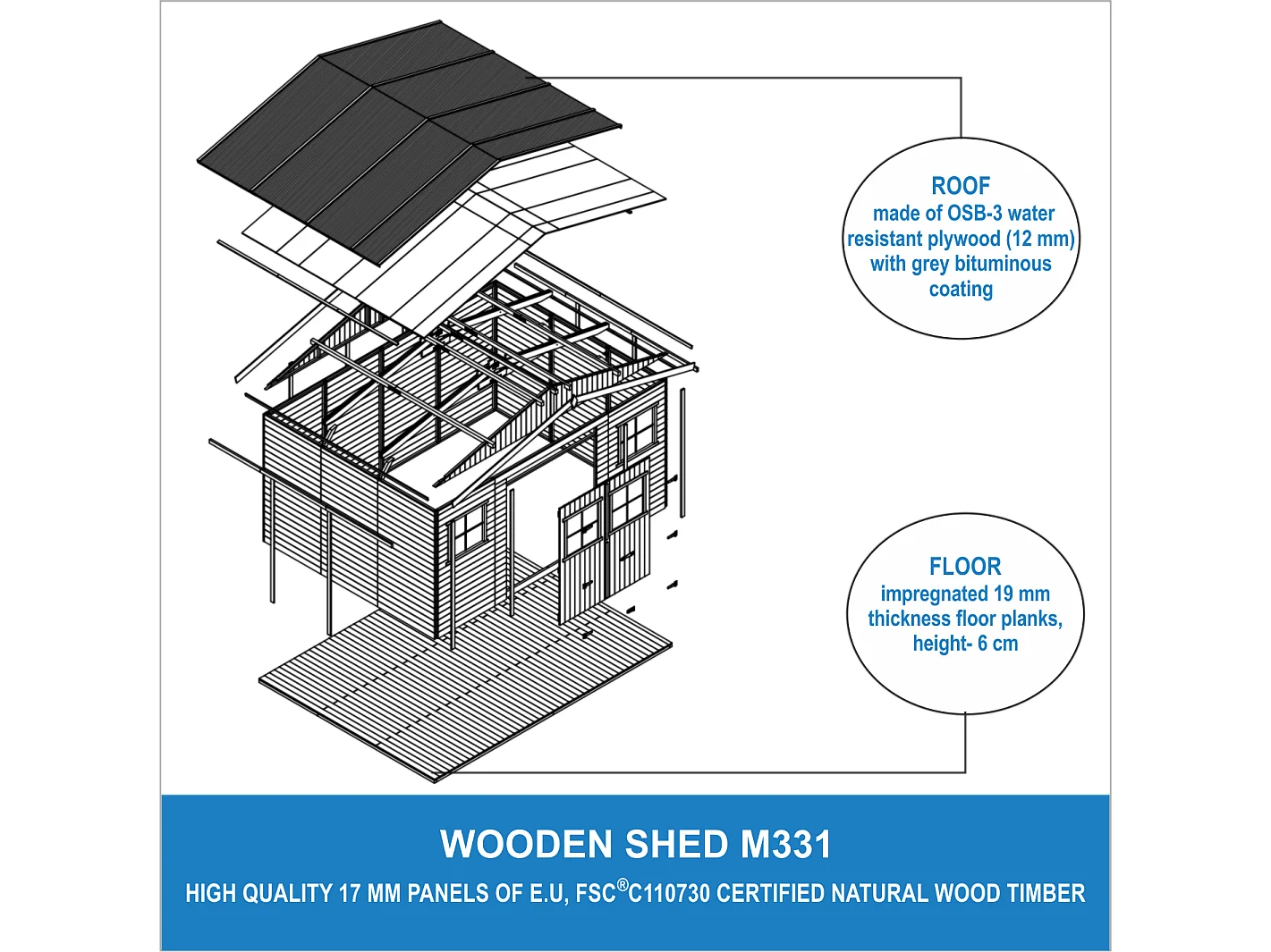 Holz Gartenschuppen MIT IMPRÄGNIERTEM BODEN - H246 x 418 x 320 cm/ 12 m² - TIMBELA M331+331G