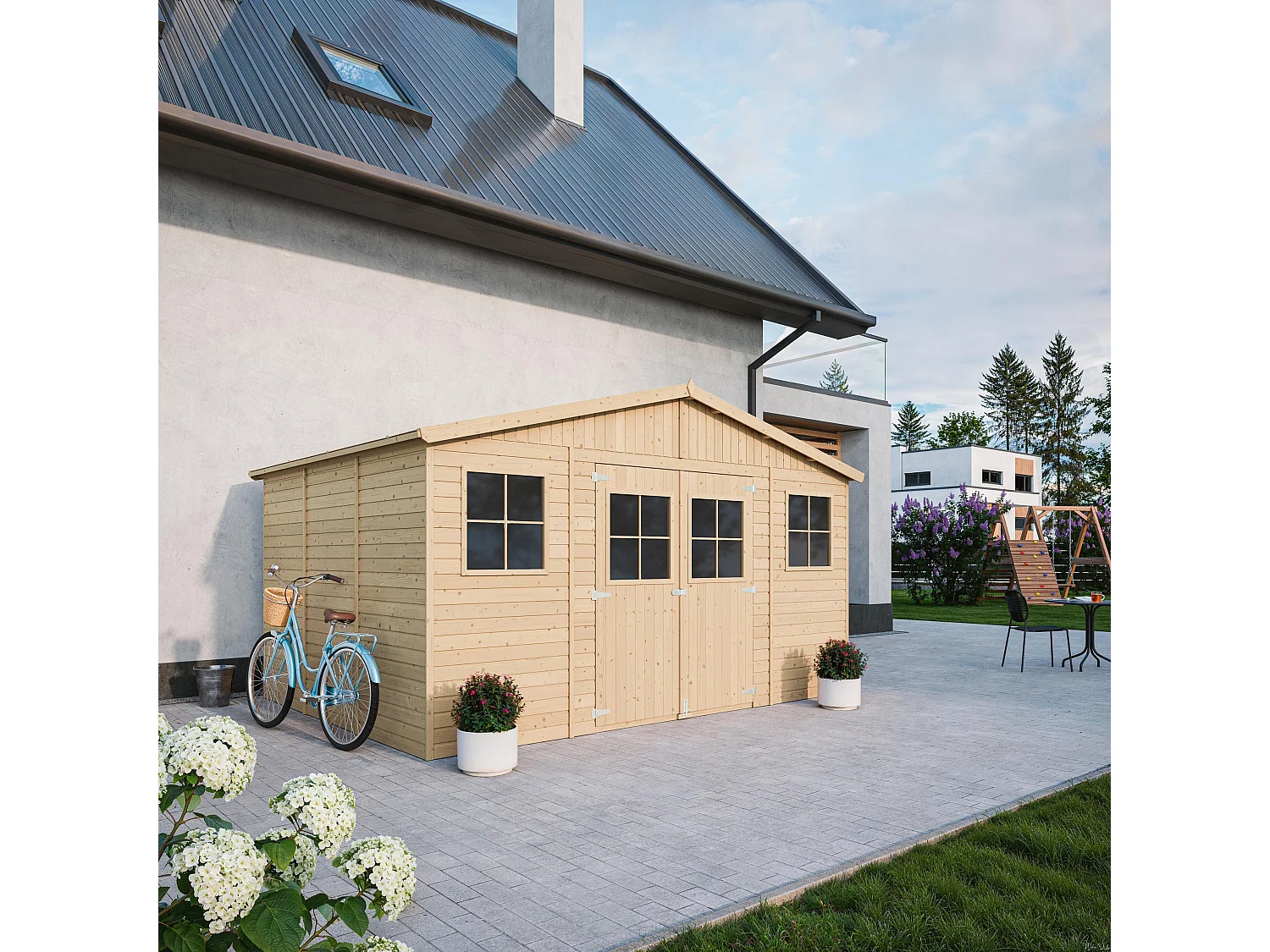 Abri de jardin en bois avec plancher imprégné - H246x418x320 cm/12 m² - M331+M331G