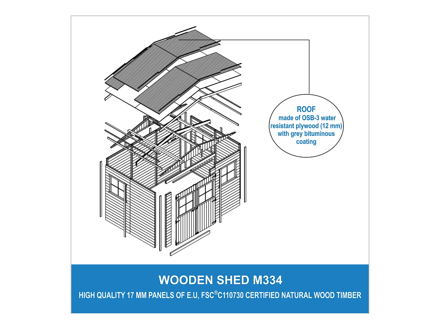 Abri de Jardin en Bois - H226x324x216 cm/6 m²  - Timbela M334