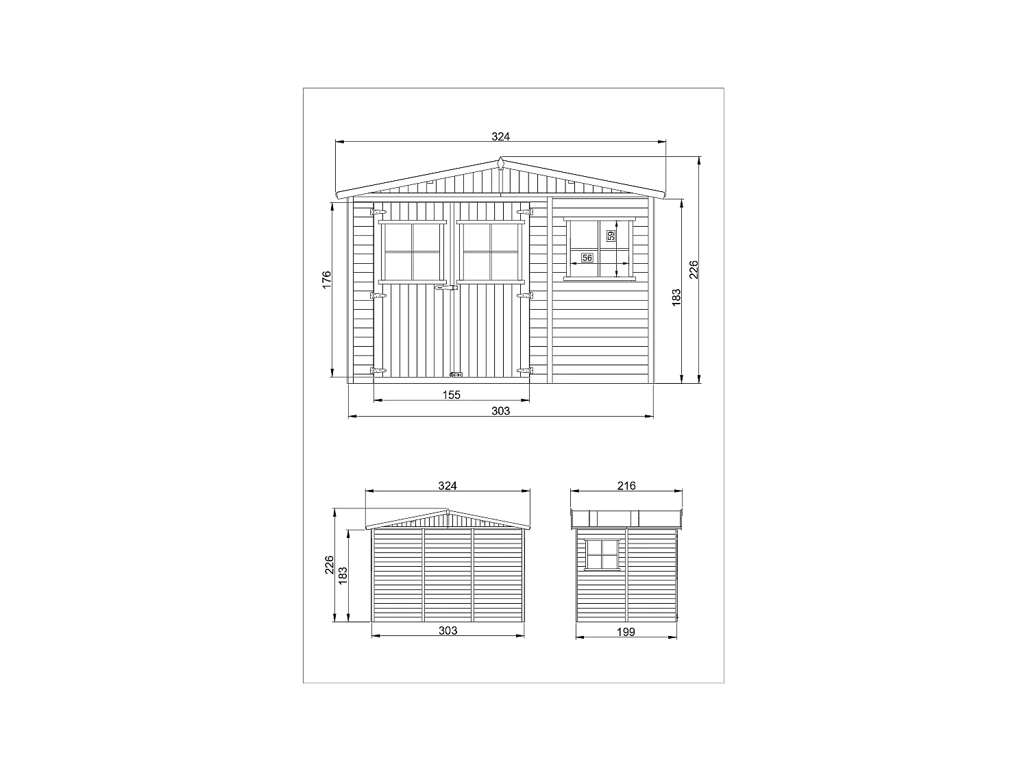 Abri de Jardin en Bois - H226x324x216 cm/6 m²  - Timbela M334