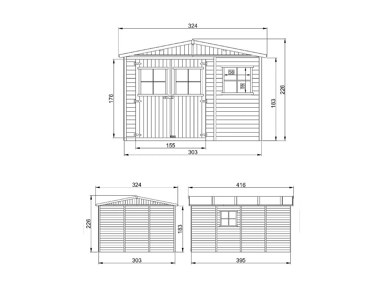 Houten tuinschuurtje met geimpregneerde vloer - 11 m² / 324x416xH232 cm - M336+M336G