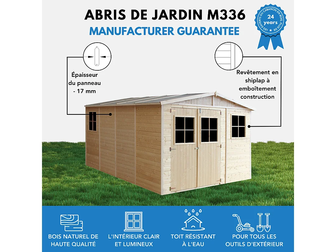 Houten tuinschuurtje met geimpregneerde vloer - 11 m² / 324x416xH232 cm - M336+M336G