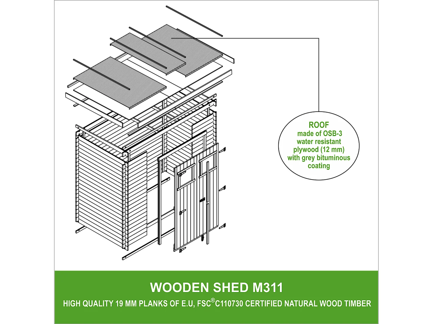 Abri de jardin en bois TIMBELA M311 - l204xL142xH200cm/2.22m2
