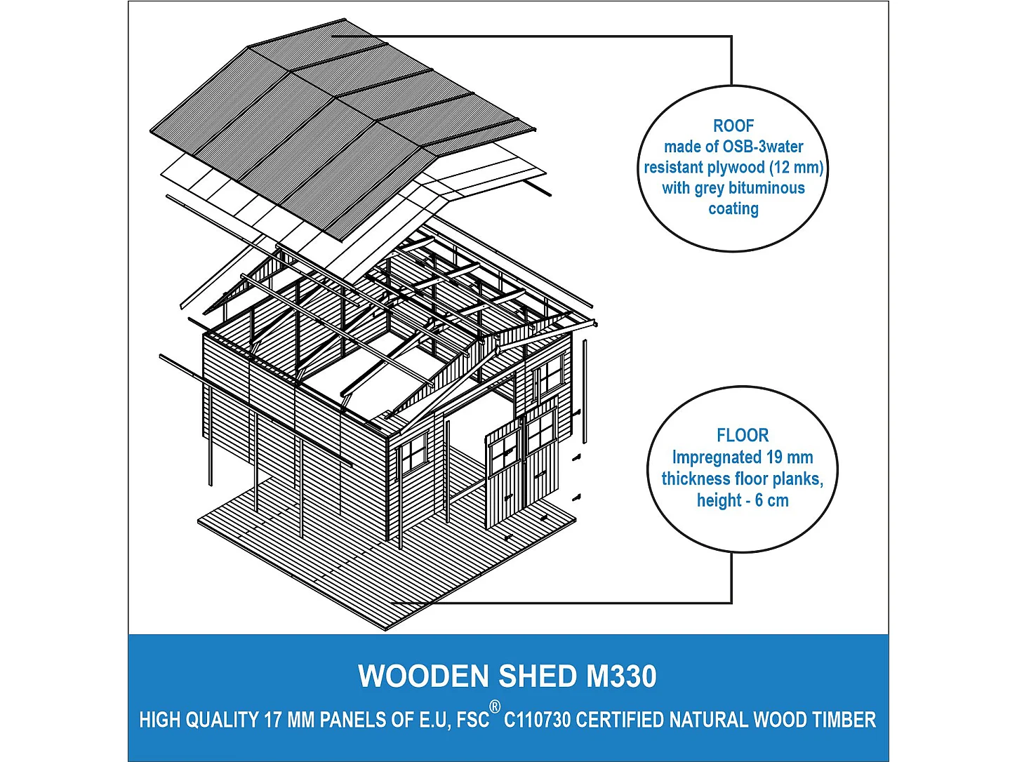 Galpão de madeira 16 m² - H246 x 418 x 420 cm - TIMBELA M330+M330G