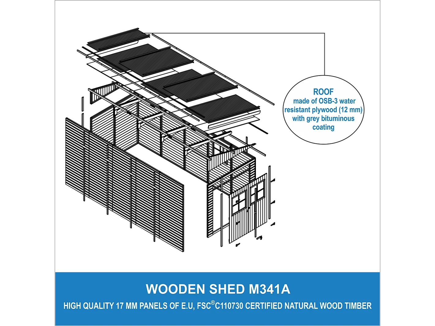 Abri de jardin en bois (avec paroi latérale) - 10 m2 - M341A