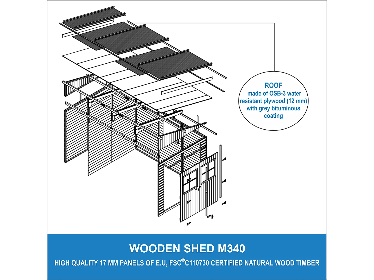 Houten tuinschuurtje zonder vloer (3 wanden) - 7.94m² - M340