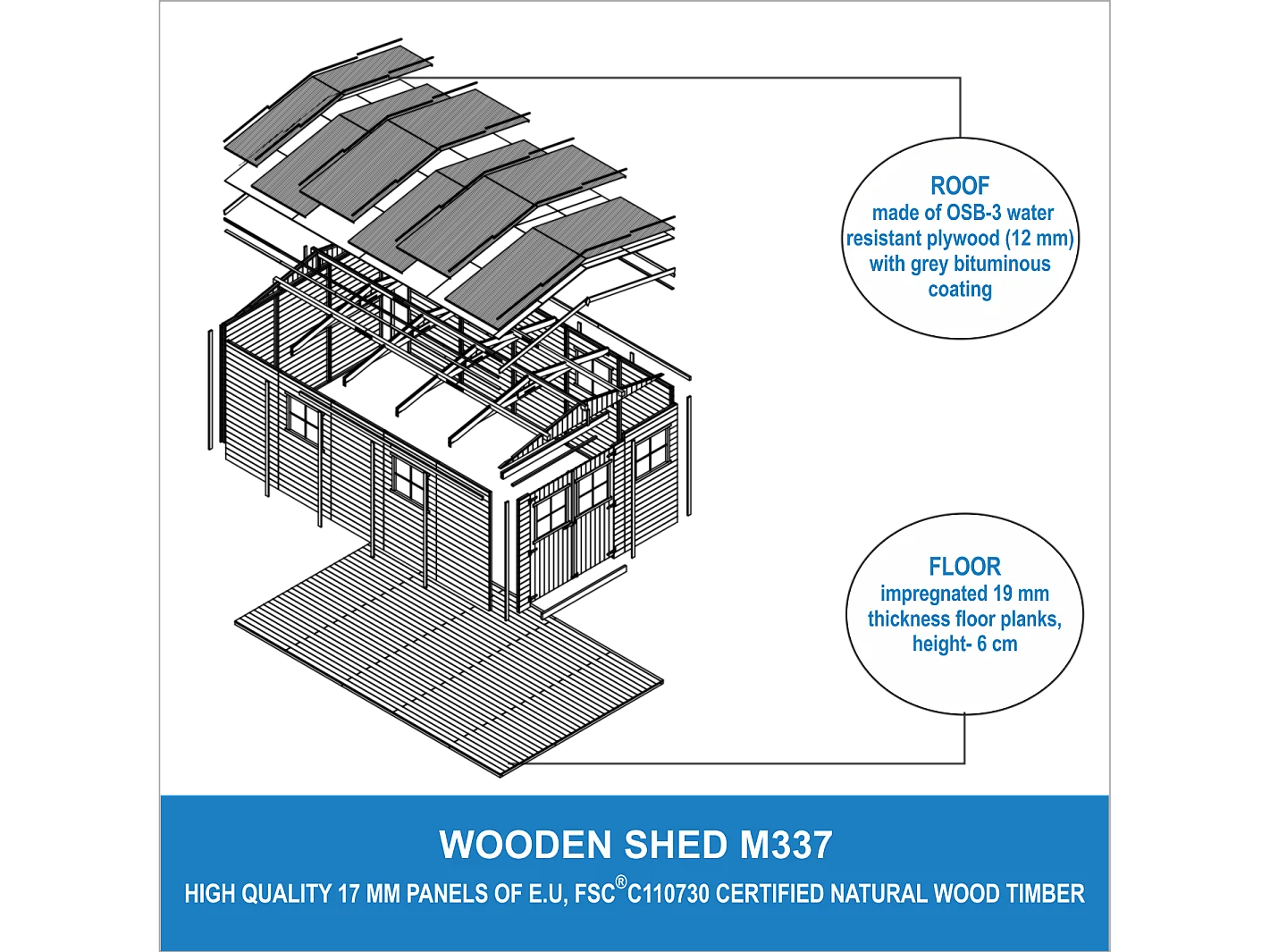 Holz gartenschuppen mit imprägniertem boden - H226x516x324 cm / 15 m² - M337+M337G