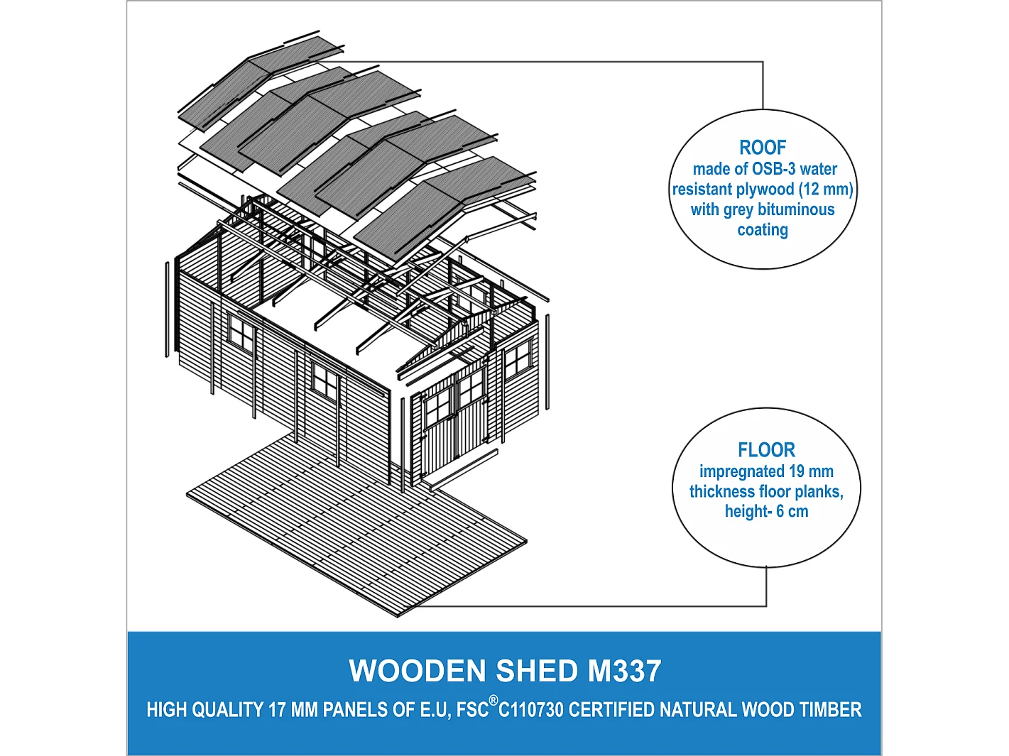 Cobertizo de madera con suelo tratado - 324x516 cm /15 m² - M337+M337G