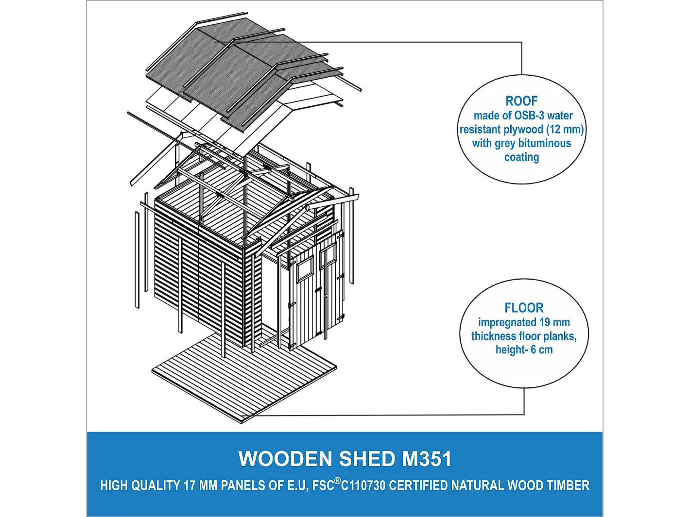 Holz Gartenschuppen MIT IMPRÄGNIERTEM BODEN - H228x222x233 cm/4,2 m² - TIMBELA M351+M351G