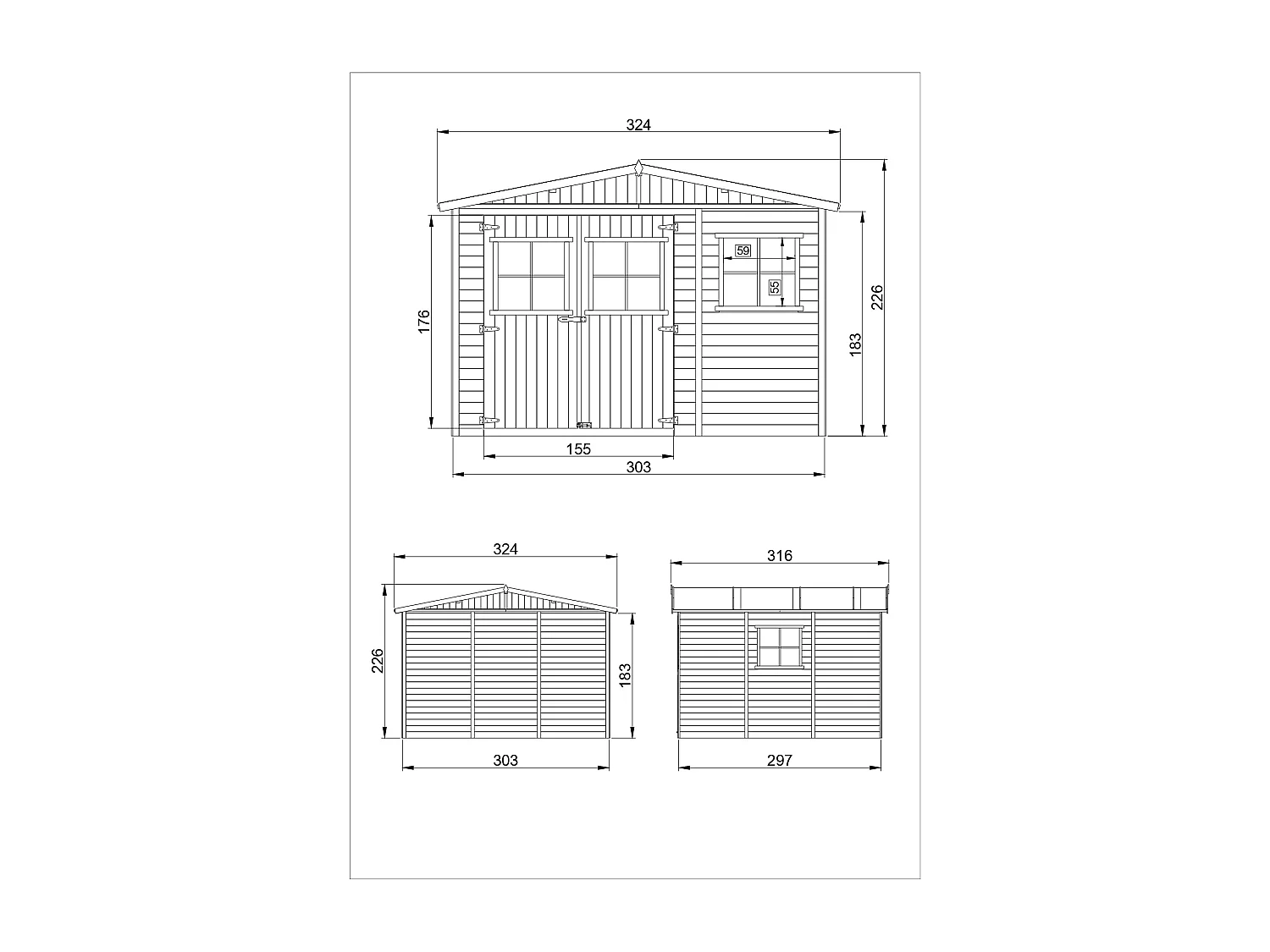 Holz Gartenschuppen MIT IMPRÄGNIERTEM BODEN - H226x316x324 cm/9 m² - TIMBELA M335+335G