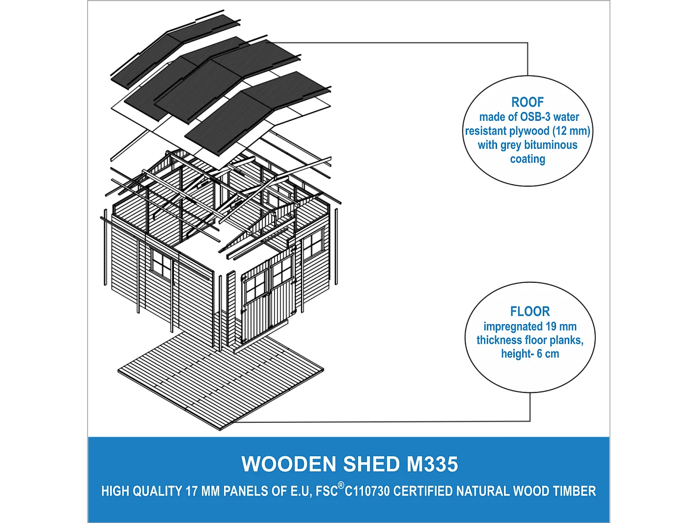 Abride Jardin en Bois AVEC LES PLANCHERS IMPRÉGNÉ - H226x316x324 cm/9 m²-  TIMBELA M335+M335G