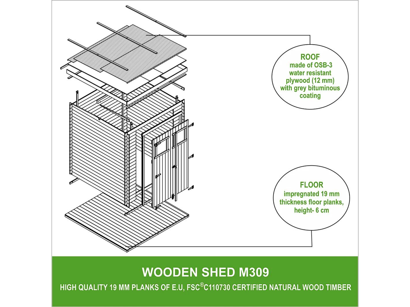 Gartenhaus Holz mit Boden Imprägnierte B204xL204xH200 cm/ 3.53 m2 TIMBELA M309+M309G