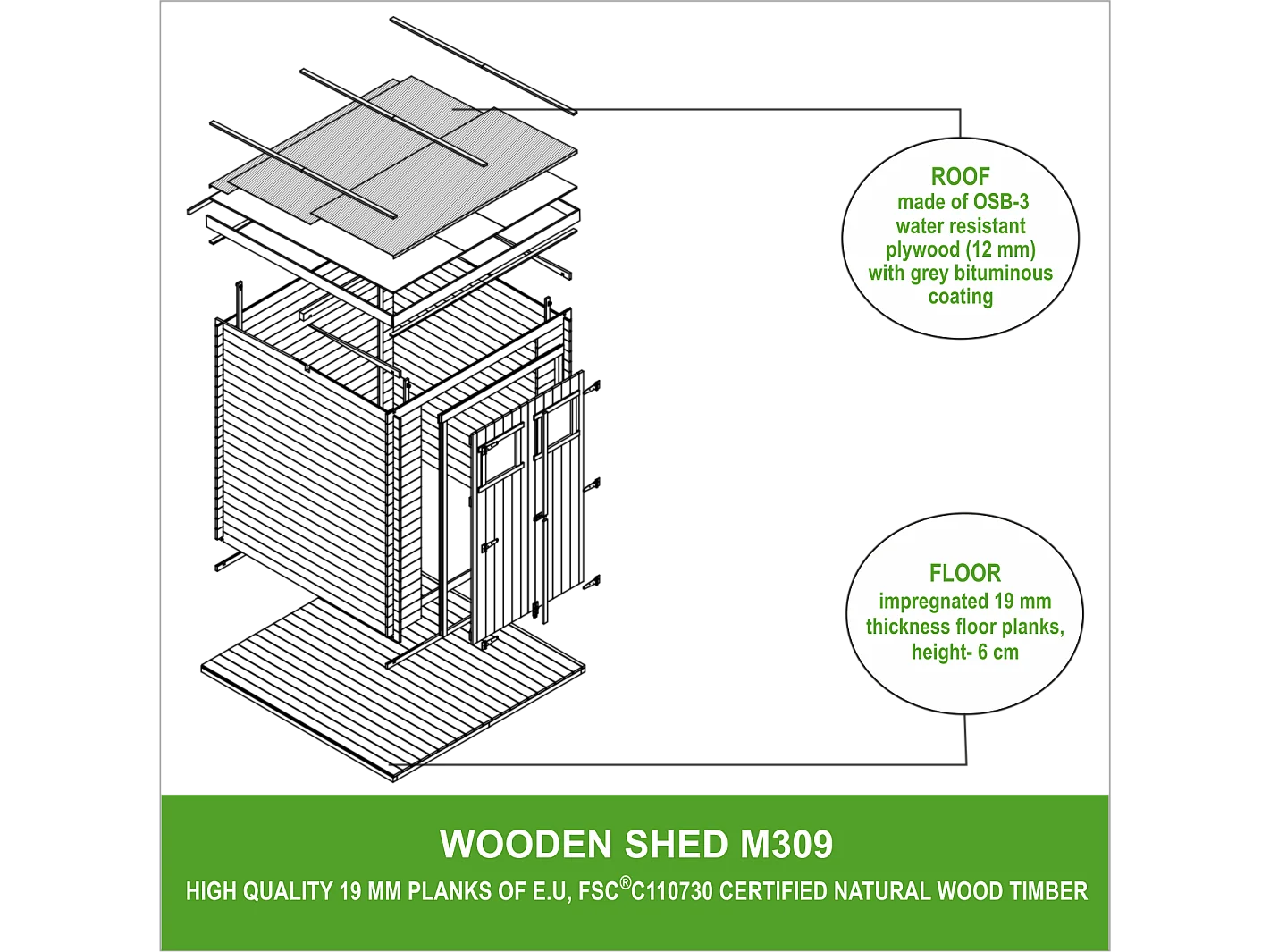 Abri de jardin en bois avec sol traité - l204xL204xH200 cm/3.53 m2 - M309+M309G