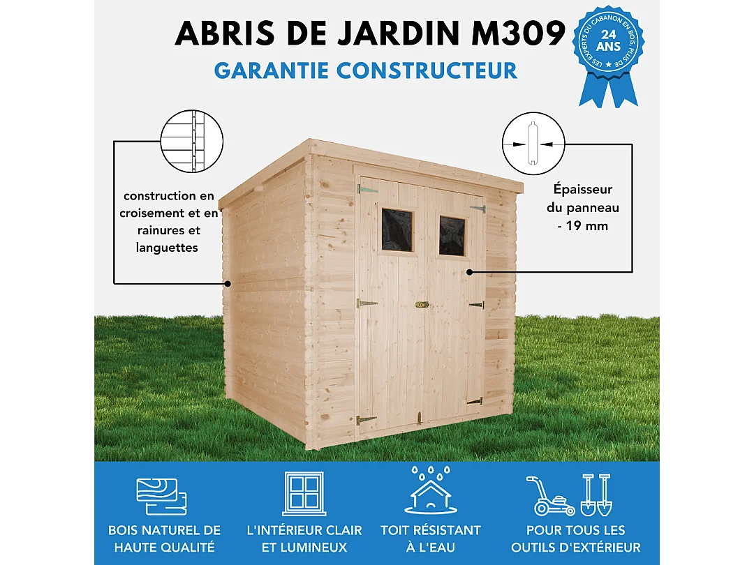 Abri de jardin en bois avec sol traité - l204xL204xH200 cm/3.53 m2 - M309+M309G