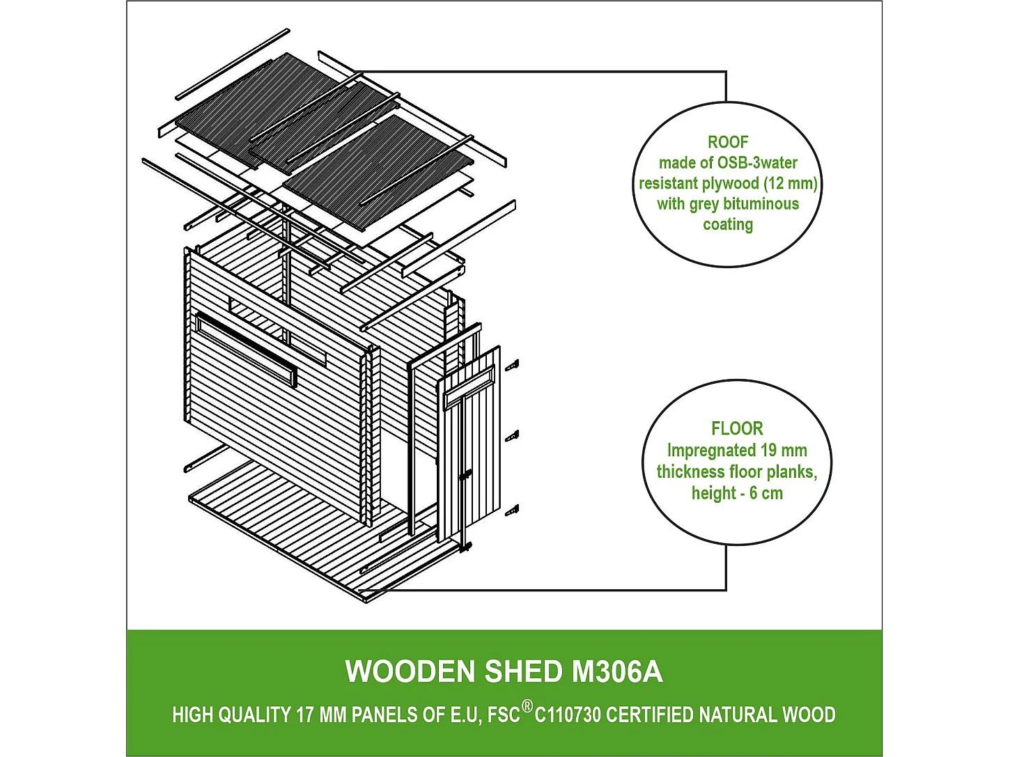 Abri de jardin en bois AVEC SOL TRAITÉ-  l239xL144xH198 cm/2.63 m2 -  TIMBELA M306A+M306G