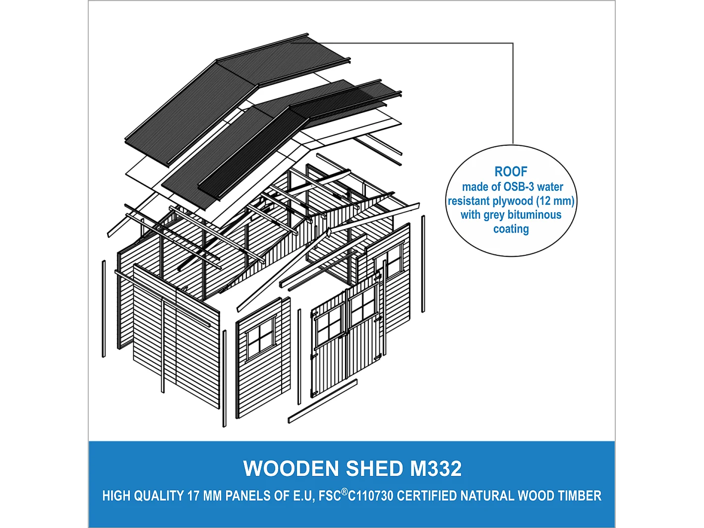 Holz Gartenschuppen -  H246 x 418 x 220 cm/ 8 m² - TIMBELA M332