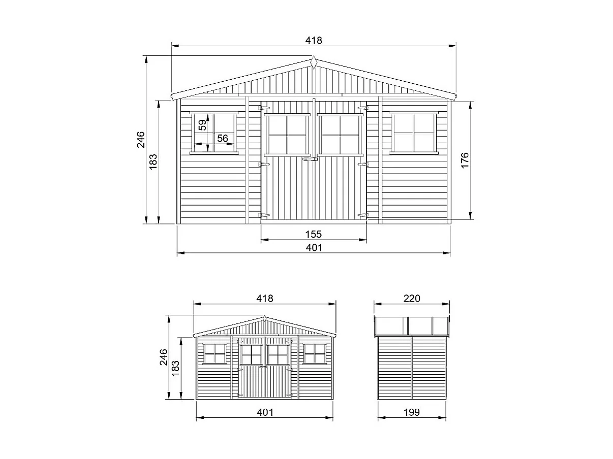 cAbri de jardin en bois - H246x418x220 cm/8 m² - M332
