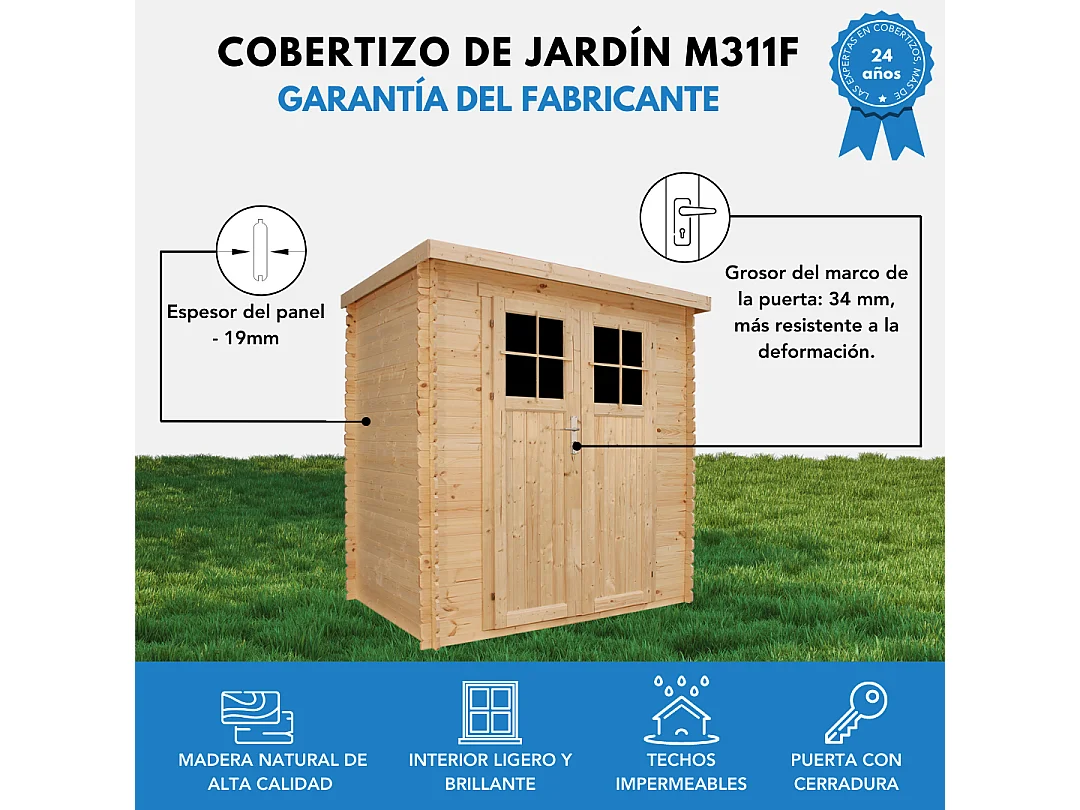 Abri de jardin en bois avec sol traité - porte verrouillable de haute qualité -  2.22m2 - M311F+M311G