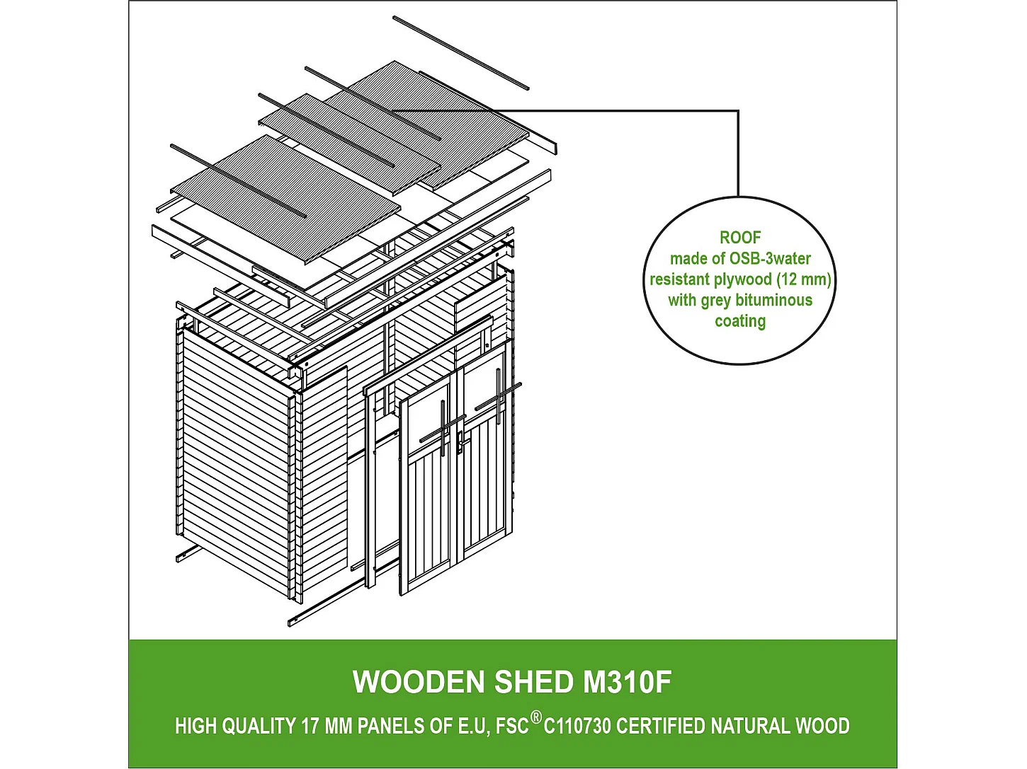 Abri de jardin en bois - porte verrouillable de haute qualité - 2.63 m2 - M310F