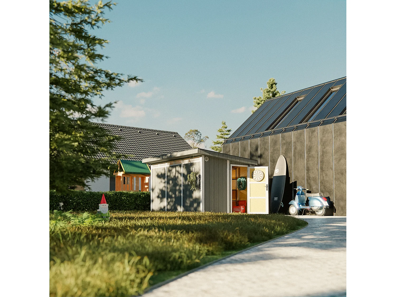 Gartenhaus Premium Qualität 8,7m² mit Boden und Bitumenfliesen - Geräteschuppen B412xL279xH239 cm - Gartenhütte TIMBELA M904 - CAVERN STEEL